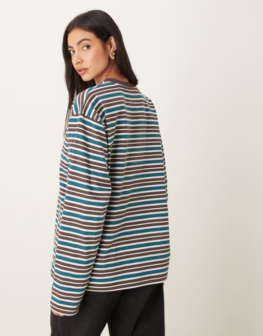 ASOS DESIGN - Grøn og chokoladebrun langærmet skater-T-shirt med striber, 3 af 4