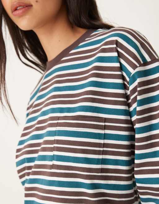 ASOS DESIGN - Grøn og chokoladebrun langærmet skater-T-shirt med striber, 4 af 4