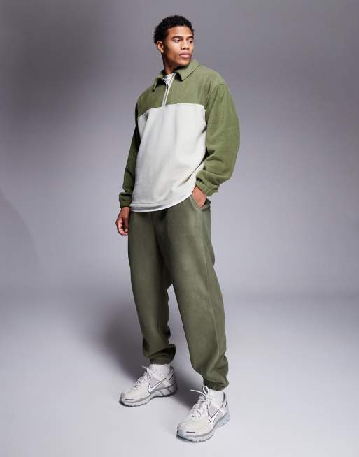 ASOS DESIGN - Grøn og grå oversized sweatshirt med polokrave i fleece i rugby-stil