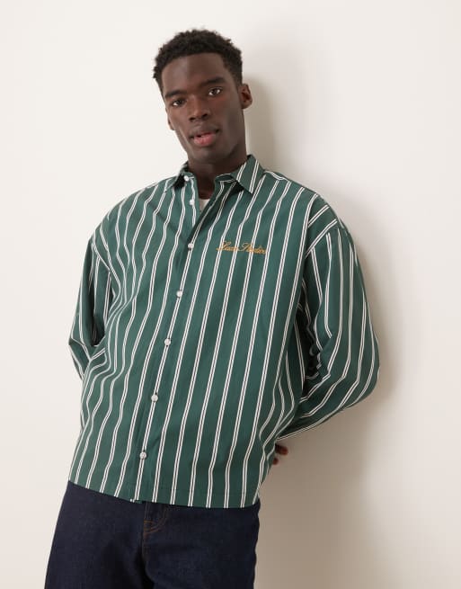 ASOS DESIGN - Grøn og hvid oversized skjorte med broderi og striber i firkantet pasform