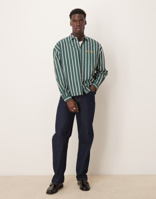 ASOS DESIGN - Grøn og hvid oversized skjorte med broderi og striber i firkantet pasform, 2 af 4