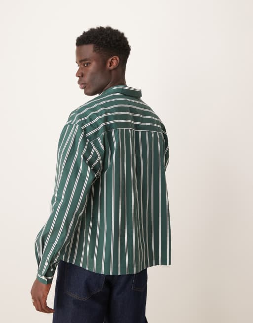 ASOS DESIGN - Grøn og hvid oversized skjorte med broderi og striber i firkantet pasform, 3 af 4