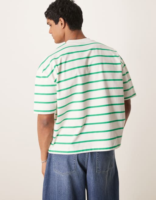 ASOS DESIGN - Grøn og hvid stribet boxy oversized T-shirt med logobroderi, 2 af 4