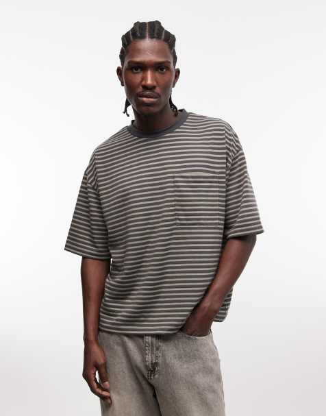 ASOS DESIGN - Grøn oversized firkantet T-shirt med lommedetalje og smalle striber - view 1