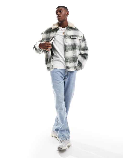 ASOS DESIGN - Grøn oversized Harrington-jakke tern og krave i imiteret lammeskind i uldlook, 3 af 4