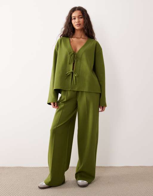 ASOS DESIGN - Grøn oversized overdel med bindebånd og sløjfedetaljer i interlock-stof - Del af sæt, 2 af 4
