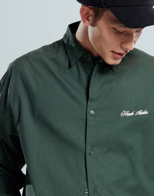 ASOS DESIGN - Grøn oversized skjorte med broderi på brystet i firkantet pasform, 2 af 4