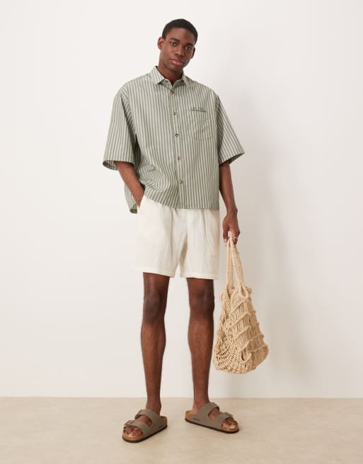 ASOS DESIGN - Grøn oversized skjorte med broderi på brystet og striber i firkantet pasform, 2 af 4