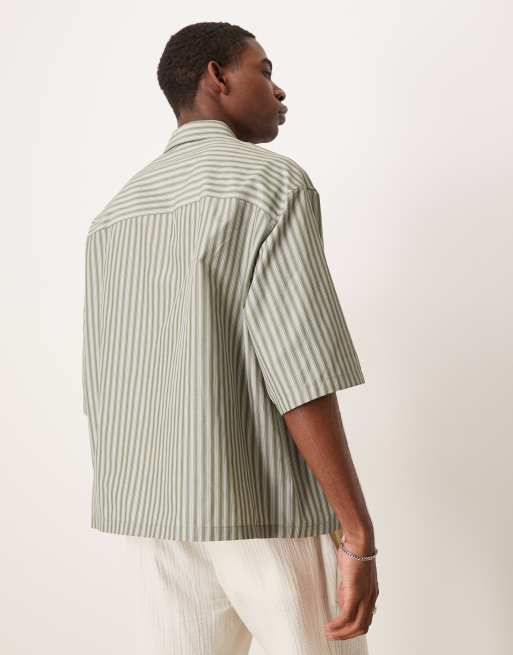 ASOS DESIGN - Grøn oversized skjorte med broderi på brystet og striber i firkantet pasform, 4 af 4