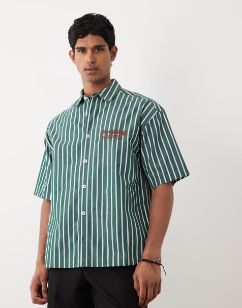 ASOS DESIGN - Grøn oversized skjorte med broderi på brystet og striber i firkantet pasform - view 1