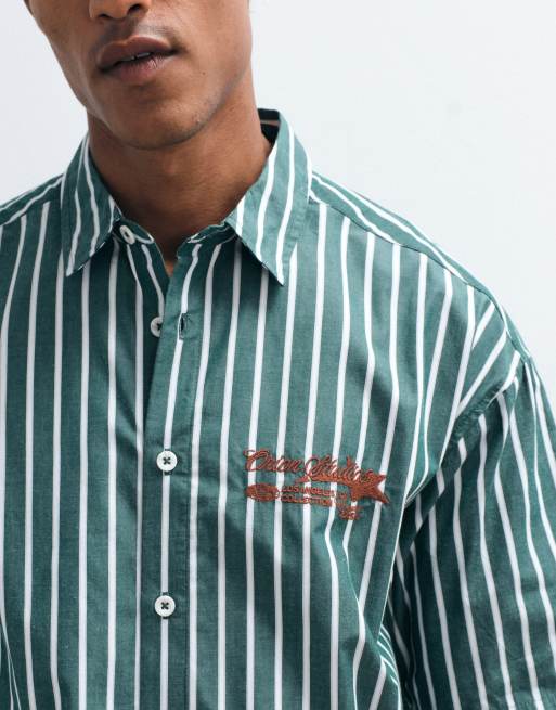 ASOS DESIGN - Grøn oversized skjorte med broderi på brystet og striber i firkantet pasform, 2 af 5