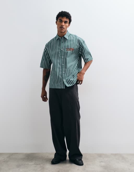 ASOS DESIGN - Grøn oversized skjorte med broderi på brystet og striber i firkantet pasform, 3 af 5