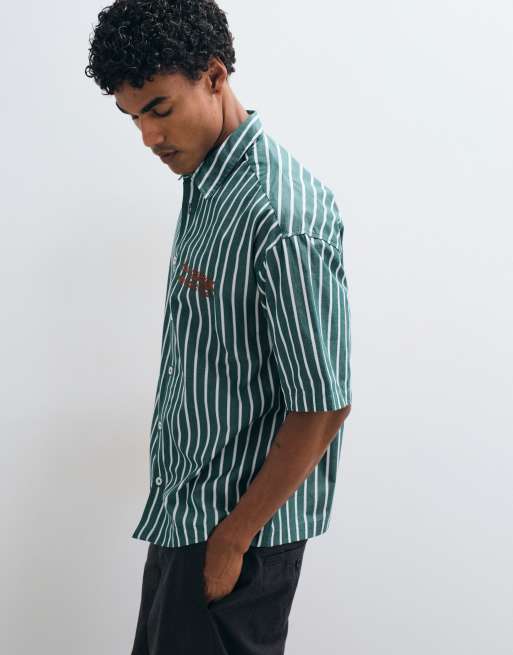 ASOS DESIGN - Grøn oversized skjorte med broderi på brystet og striber i firkantet pasform, 4 af 5