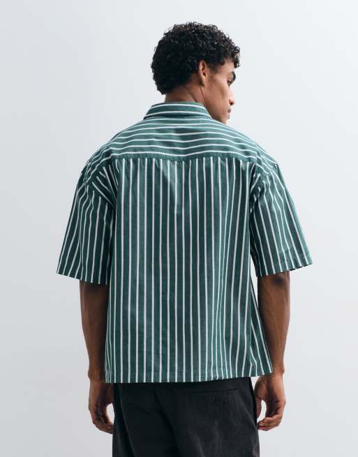 ASOS DESIGN - Grøn oversized skjorte med broderi på brystet og striber i firkantet pasform, 5 af 5