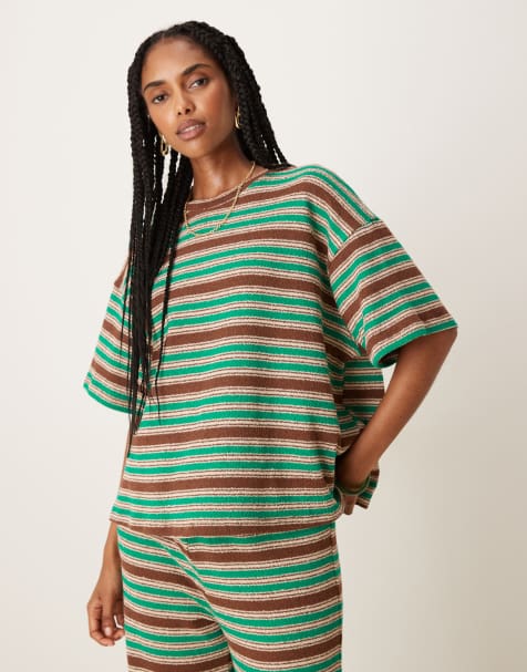 ASOS DESIGN - Grøn oversized T-shirt med brune striber - Del af sæt - view 1