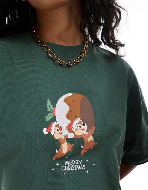 ASOS DESIGN - Grøn oversized T-shirt med 'Disney Chip & Chap'-juleprint i firkantet pasform, 3 af 4