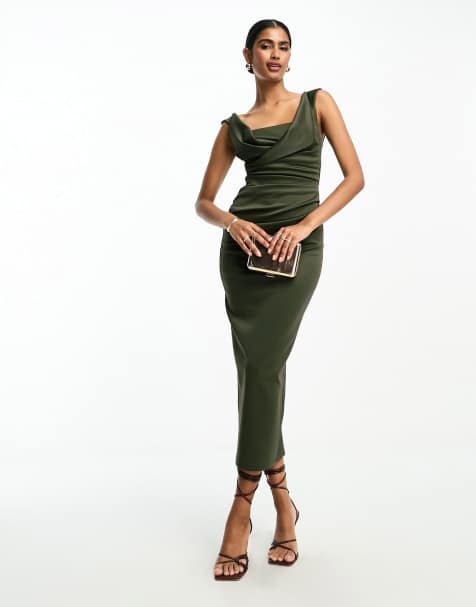 ASOS DESIGN - Grøn pencil-midikjole med firkantet hals og plisseringer over brystet - view 1