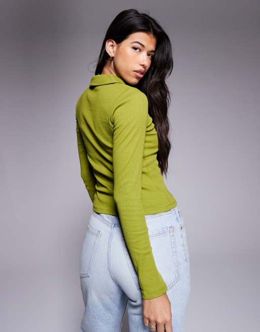 ASOS DESIGN - Grøn polotop med lange ærmer i ribstrikket bomuld, 2 af 4