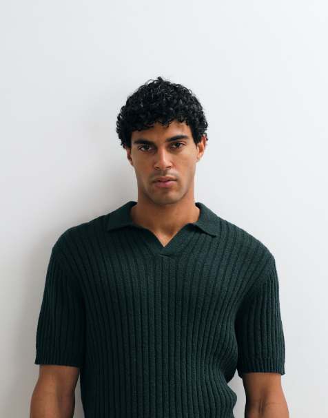 ASOS DESIGN - Grøn ribstrikket oversized polo med tekstur - view 1