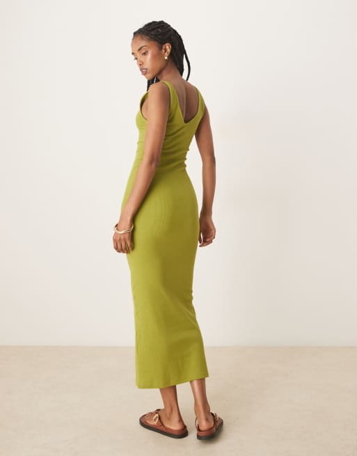 ASOS DESIGN - Grøn ribstrikket ærmeløs midaxi-kjole med V-hals, 4 af 4