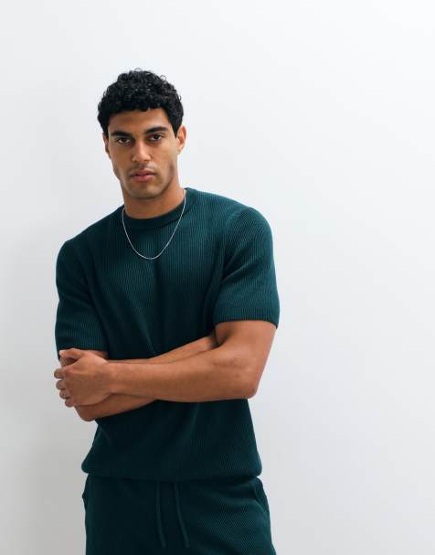 ASOS DESIGN - Grøn ribstrikket T-shirt med rund hals - Del af sæt - view 1
