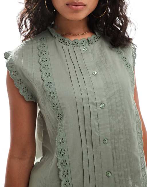 ASOS DESIGN - Grøn ærmeløs skjorte med detaljer i broderie anglaise, 2 af 4