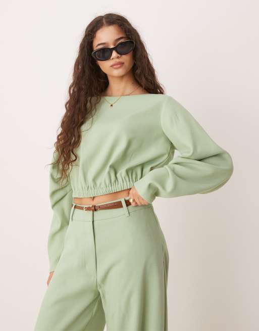 ASOS DESIGN - Grøn skræddersyet top med plisserede ærmedetaljer - Del af sæt