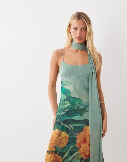ASOS DESIGN - Grøn slip-kjole i midilængde med tørklæde og blomstermønster, 2 af 4