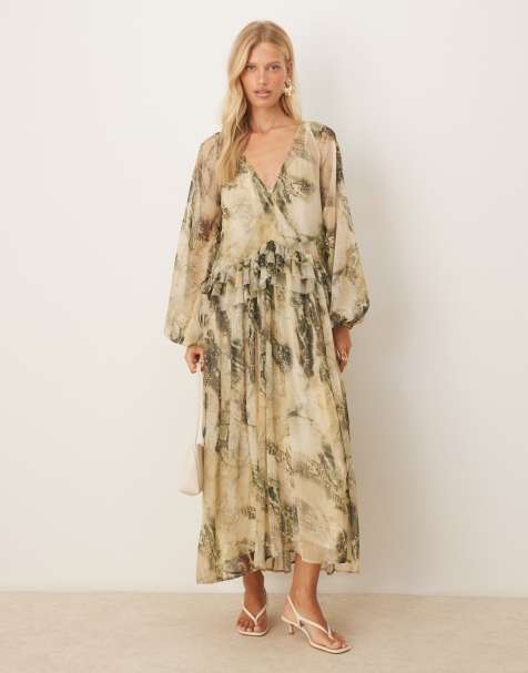 ASOS DESIGN - Grøn smock-midikjole med v-hals og flæser i abstrakt print - view 1