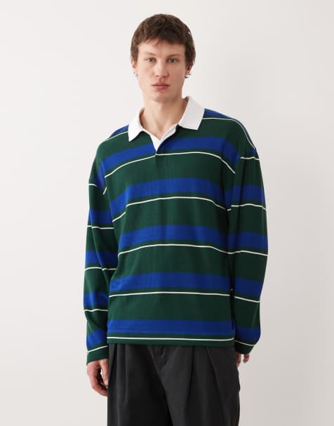 ASOS DESIGN - Grøn striber og oversized rugby-polo i kraftigt materiale med lange ærmer - view 1