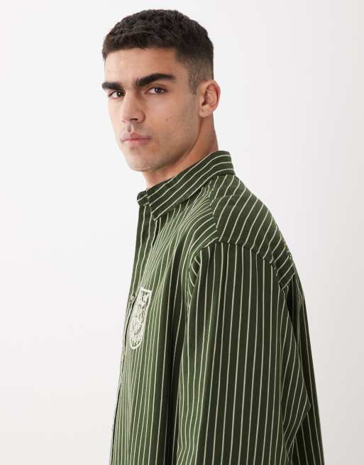 ASOS DESIGN - Grøn stribet oversized skjorte med broderi på brystet i twill, 5 af 6