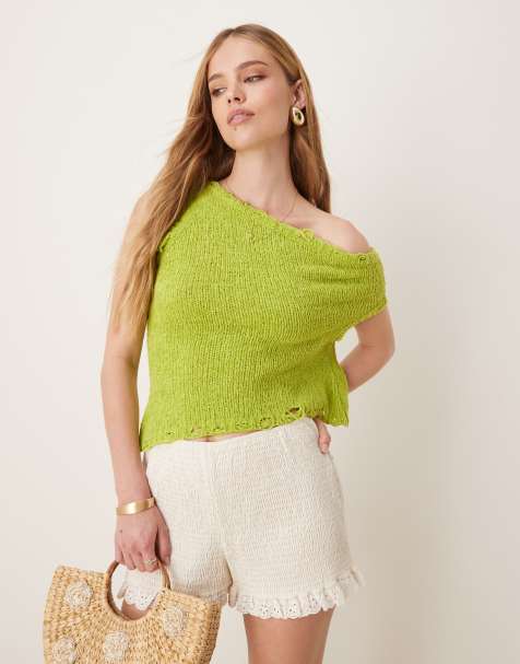 ASOS DESIGN - Grøn-strikket oneshoulder-top med rå kant i garn med slidt design - view 1