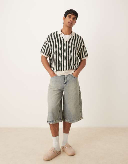 ASOS DESIGN - Grøn strikket oversized polotrøje med tekstur, hak i halsen og striber, 2 af 4