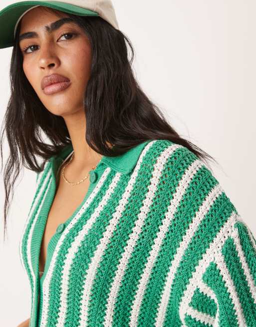 ASOS Design - Grøn strikket skjorte med bølgekanter og striber - Del af sæt , 4 af 4