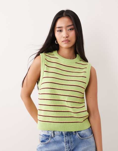 ASOS DESIGN - Grøn strikket tanktop med striber i bomuldsrigt stof - view 1