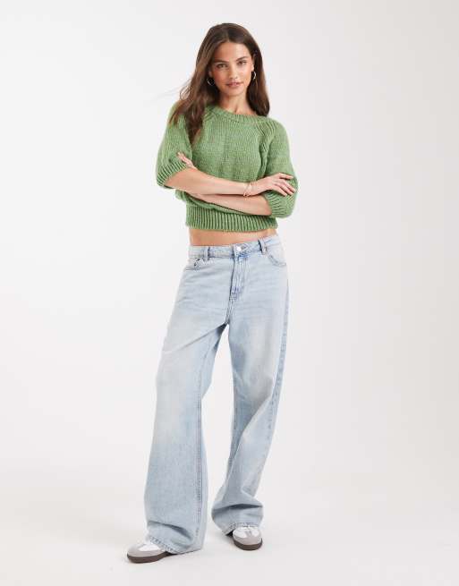 ASOS DESIGN - Grøn striktrøje med raglandetaljer og 3/4-ærmer samt tætsiddende talje, 2 af 4