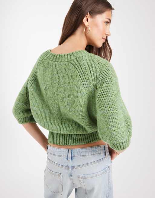 ASOS DESIGN - Grøn striktrøje med raglandetaljer og 3/4-ærmer samt tætsiddende talje, 3 af 4