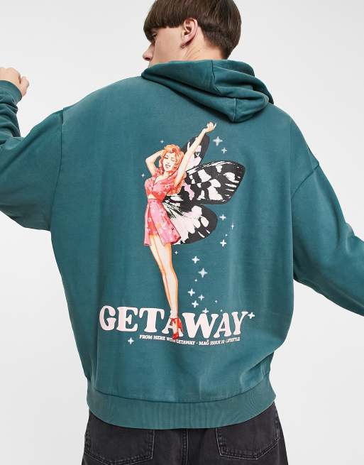 ASOS DESIGN - Grøn syrevasket oversized hættetrøje med feprint på ryggen, 3 af 4