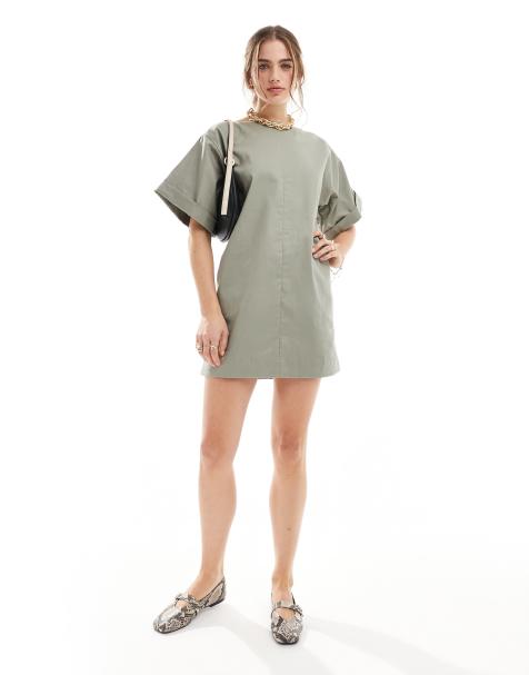 ASOS DESIGN - Grøn T-shirt-minikjole i twill i firkantet pasform - view 1