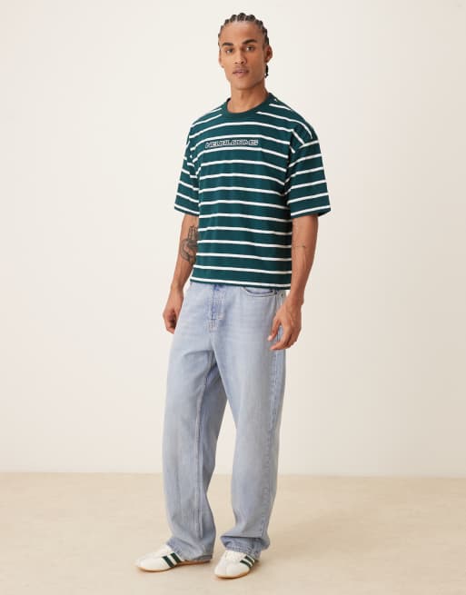 ASOS DESIGN - Grøn tekstureret oversized firkantet T-shirt med broderet logo og striber, 2 af 5