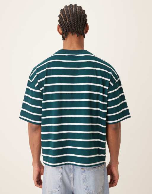 ASOS DESIGN - Grøn tekstureret oversized firkantet T-shirt med broderet logo og striber, 3 af 5