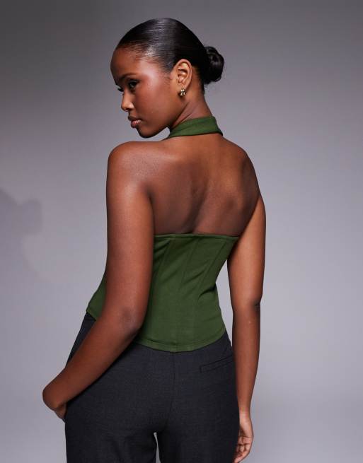 ASOS DESIGN - Grøn top med interlock-syninger, halterneck og stivere, 3 af 4