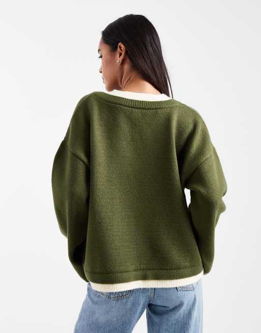 ASOS DESIGN - Grøn trøje i strik i dobbeltlag med V-hals, 3 af 4