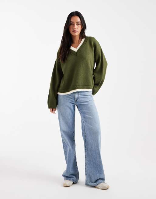 ASOS DESIGN - Grøn trøje i strik i dobbeltlag med V-hals, 4 af 4
