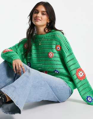 ASOS DESIGN - Grøn trøje med hæklede blomster