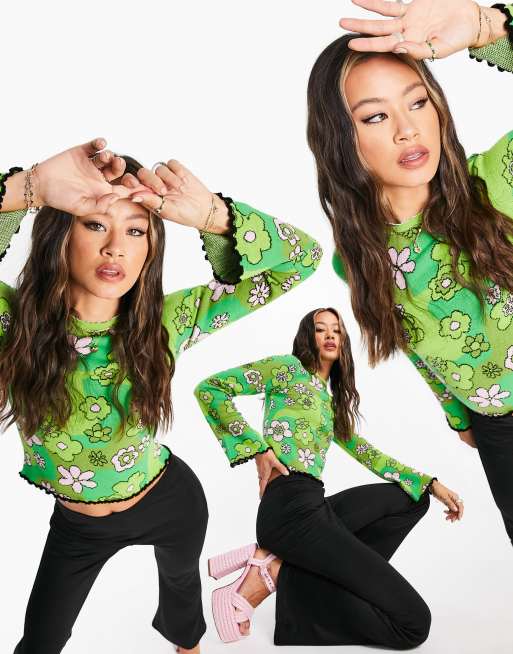 ASOS DESIGN - Grøn trøje med ærmer med svaj og blomstermønster
