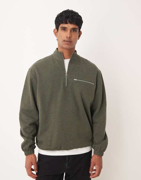 ASOS DESIGN - Grønmeleret afslappet trøje med kvart lynlås og lomme - view 1