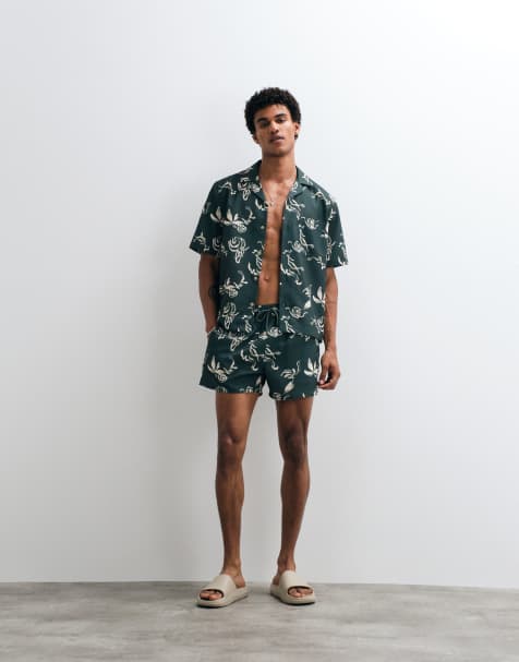 ASOS DESIGN - Grønne korte badeshorts i hørlook med print - Del af sæt - view 1