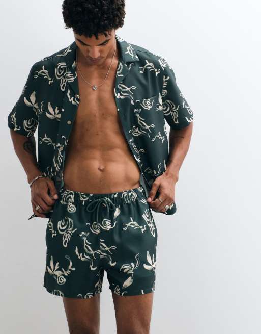 ASOS DESIGN - Grønne korte badeshorts i hørlook med print - Del af sæt, 4 af 9