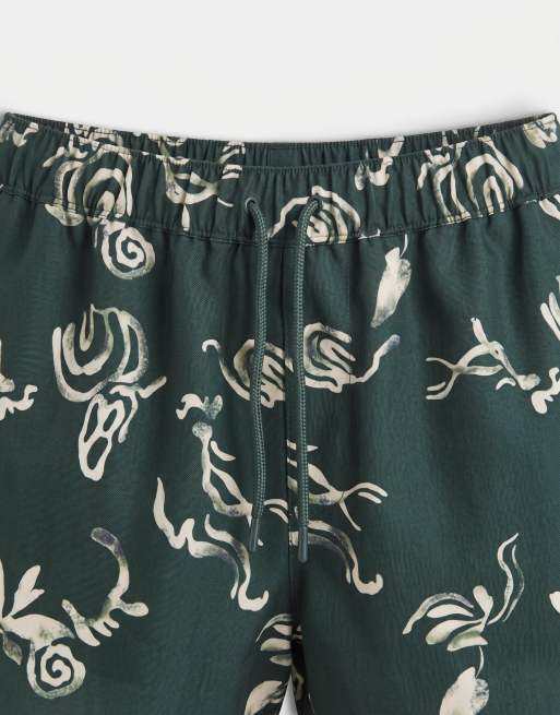 ASOS DESIGN - Grønne korte badeshorts i hørlook med print - Del af sæt, 8 af 9